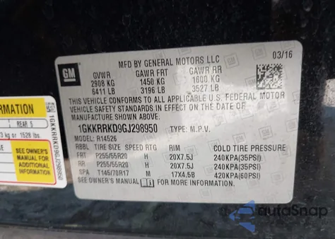 2016 GMC Acadia Slt-1 из США, поврежденный, VIN 1GKKRRKD9GJ298950